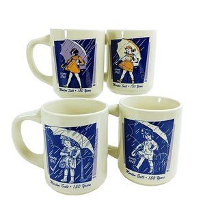 Morton Salt Coffee Mugs 150 Years Anniversary 4 pc set Bryan China Vtg Logos